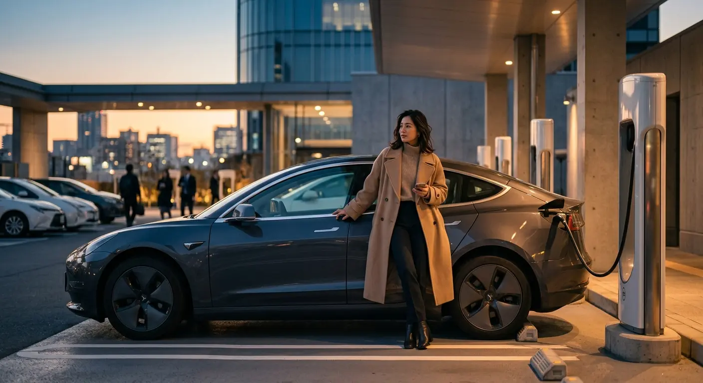 A stylish Asian woman standing beside a Tesla car at a modern EV charging station at dusk, editorial magazine photograph
