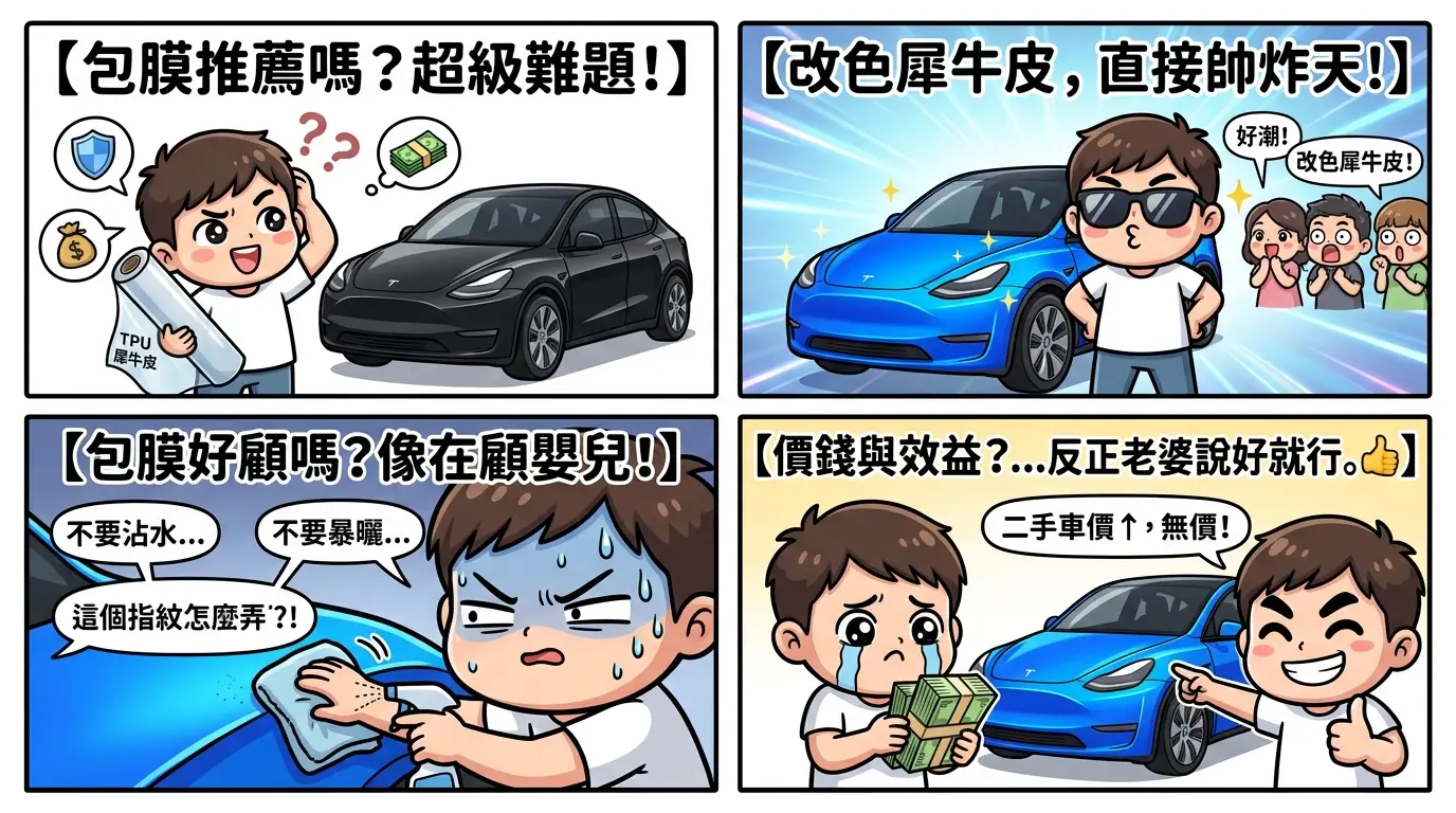 包膜是否推薦? 改色犀牛皮? 包膜好顧嗎? 價錢與效益 — 研究報告 主題封面。關鍵意象:包膜、TPU、犀牛皮。寬螢幕構圖,高質感攝影光線,工業設計感。