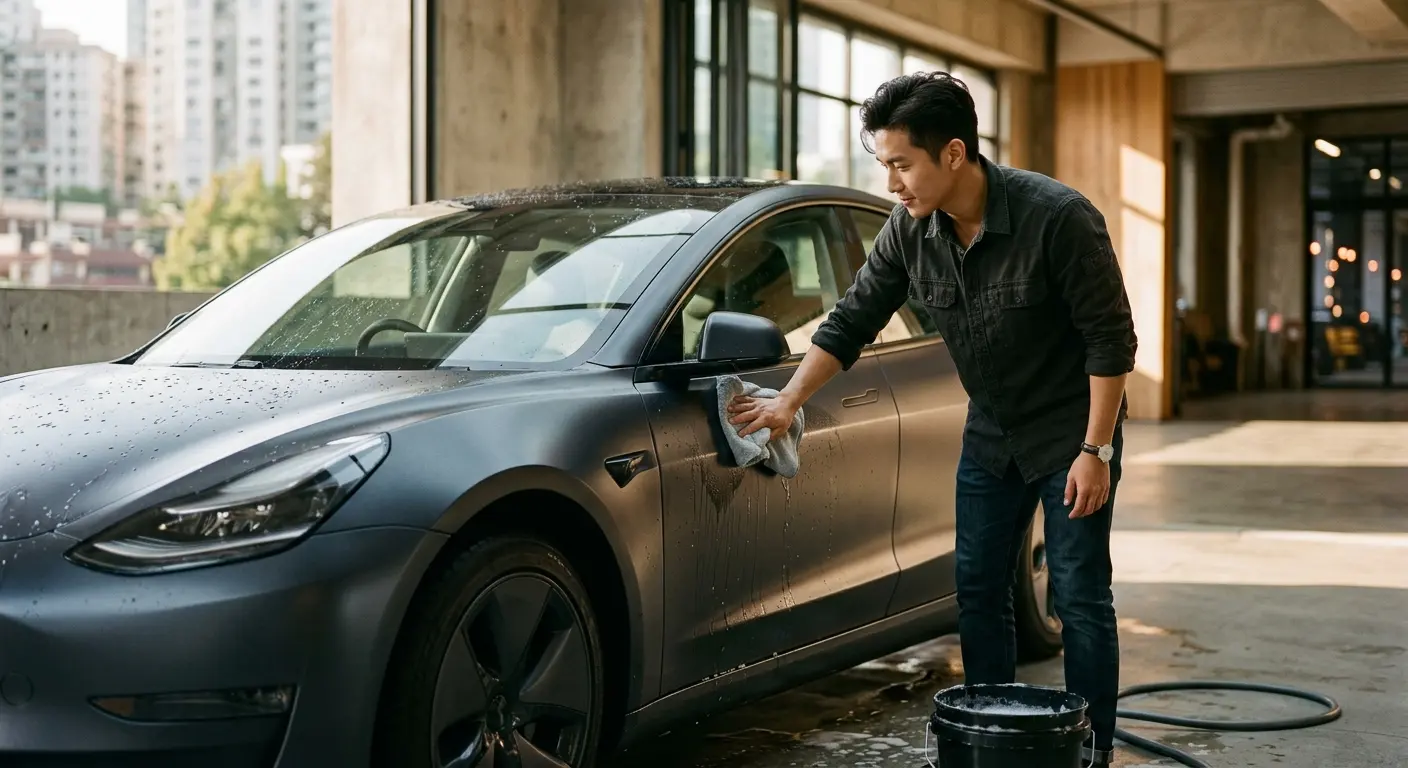 editorial magazine photography of a handsome Asian man carefully hand washing a sleek matte dark Tesla car with a soft m