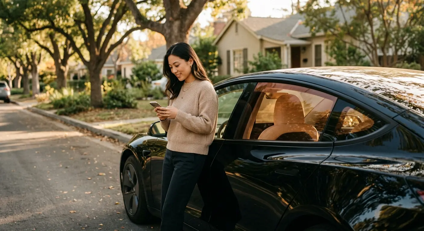 Tesla Model 3 parked on quiet street in soft afternoon sunlight, rear door window tint visible with warm light filtering