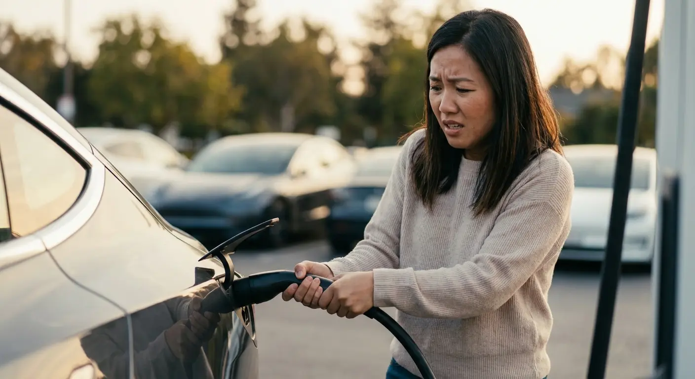 特斯拉車主正在充電，但充電槍卡住很困擾,充電孔在車身左後側而非右側 ## 使用者修改指示(本次重繪,最高優先級) 困擾的感覺，車體充電孔千萬不能畫錯位置，充電孔在左後方 ## 使用者修改指示(本次重繪,最高優先級) 特斯拉的車子充電孔在