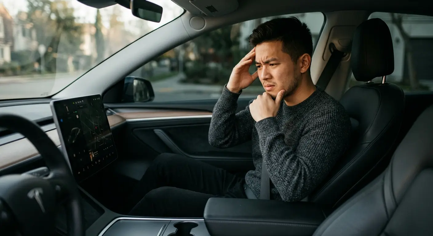 editorial magazine photography, handsome Asian man sitting in a Tesla Model Y interior looking at the center console wit
