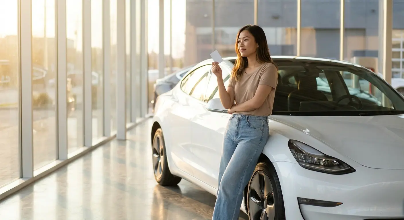 editorial magazine photography, a young Asian woman holding a slim white keycard standing beside a sleek white electric