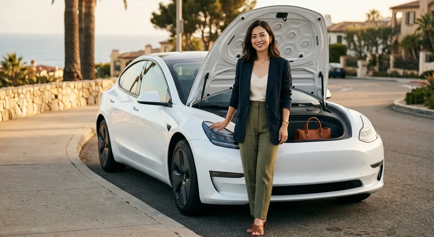 Editorial magazine photography of a stylish Asian woman standing beside a white Tesla, hand resting lightly on the open