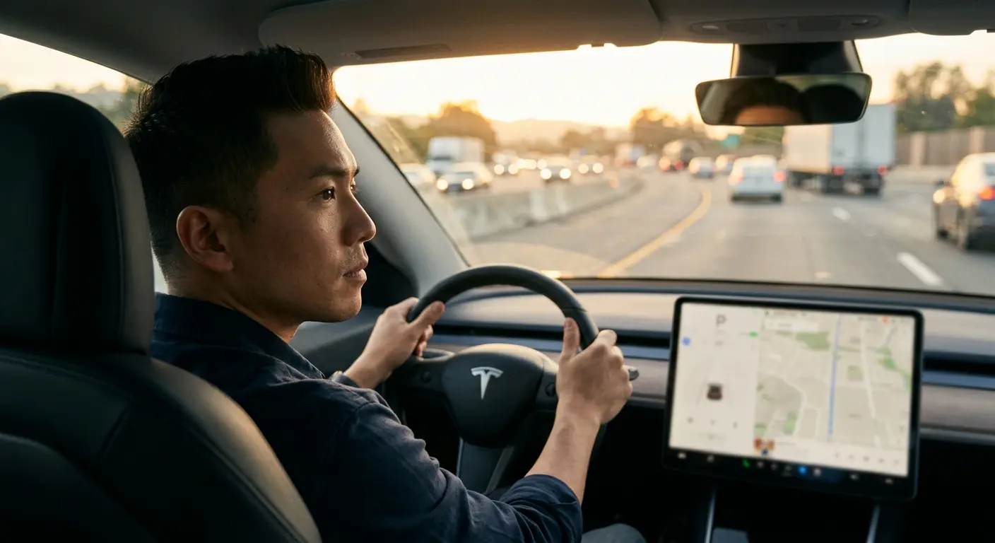 Tesla car driving on a multi-lane highway at golden hour, editorial magazine photography, natural light streaming throug